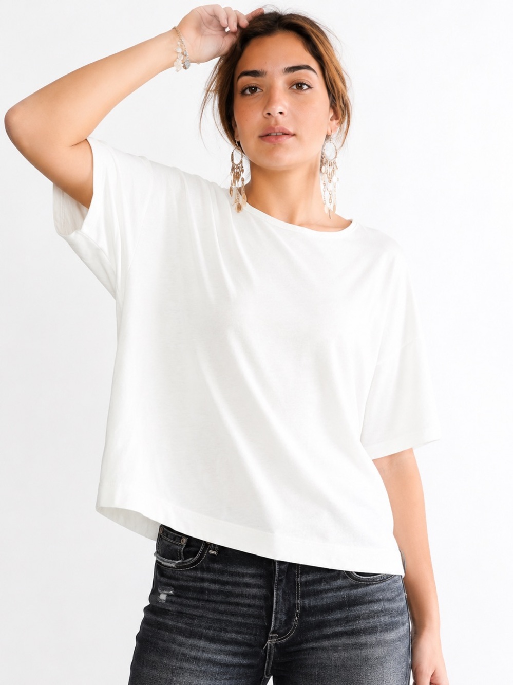 VINCE White Linen Blend Boxy Top Medium Oversized Slouchy Short Sleeve Minimalis